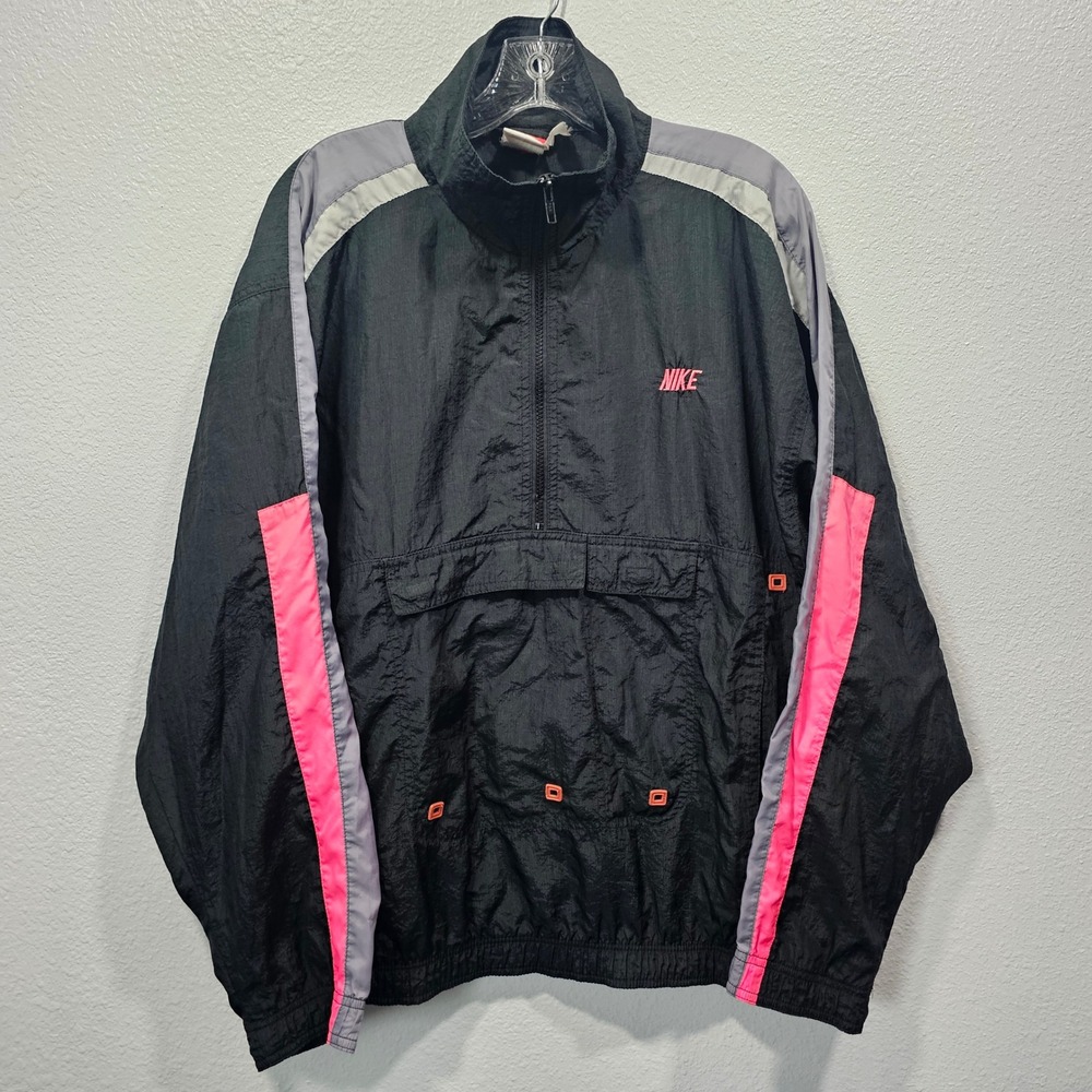 Vintage Nike Windbreaker Half Zip Pullover Black Pink Grey RN56323 Mens Medium
